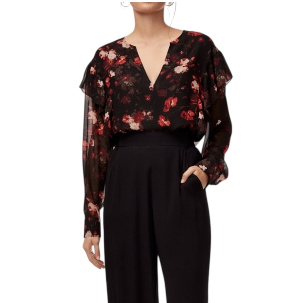 Aritzia Wilfred Lilas Black Floral Chiffon Top Oversized V-Neck Flowy Blouse XXS